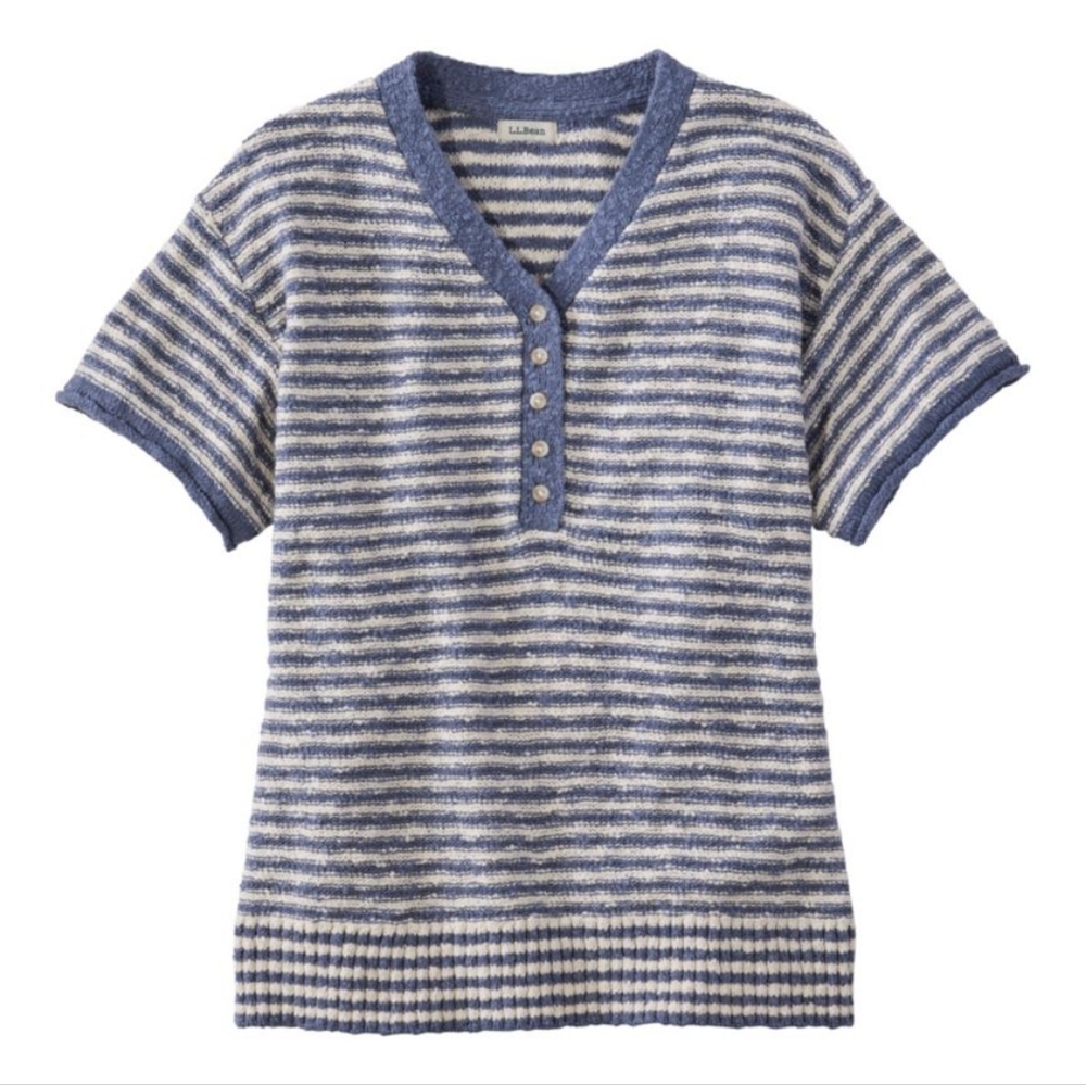 L.L. Bean Navy and Cream Striped V-Neck Sweater